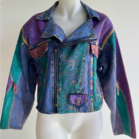 Jackets & Blazers - Vintage 1980s Hand Painted Denim Purple & Teal Women's Crop Jean Jacket
